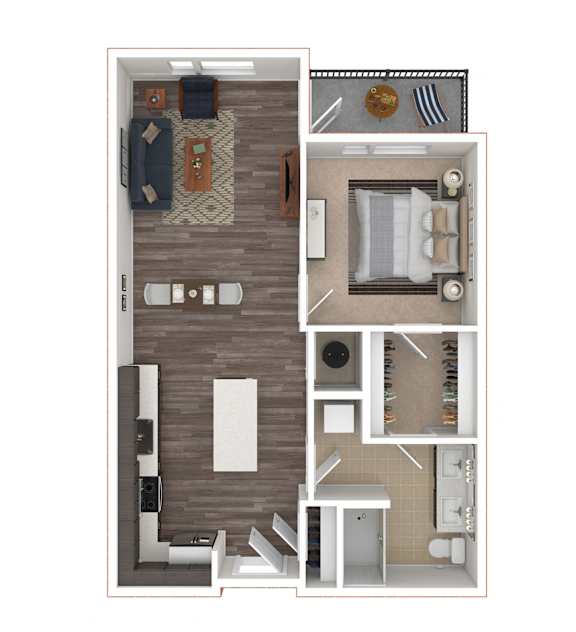 A floor plan of a small apartment with a kitchen, living room, and bathroom.