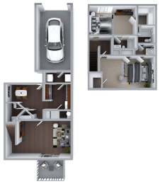 a floor plan of a two story apartment with a garage and a car in the garage
