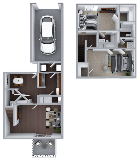 a floor plan of a two story apartment with a garage and a car in the garage