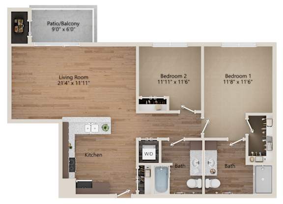 A floor plan of a home with a living room, kitchen, two bathrooms and two bedrooms.