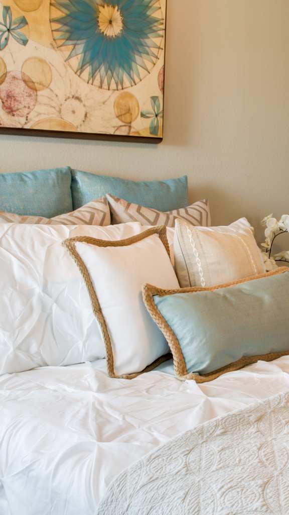 A bed with a white comforter and blue pillows is in the foreground of a room with a painting on the wall.