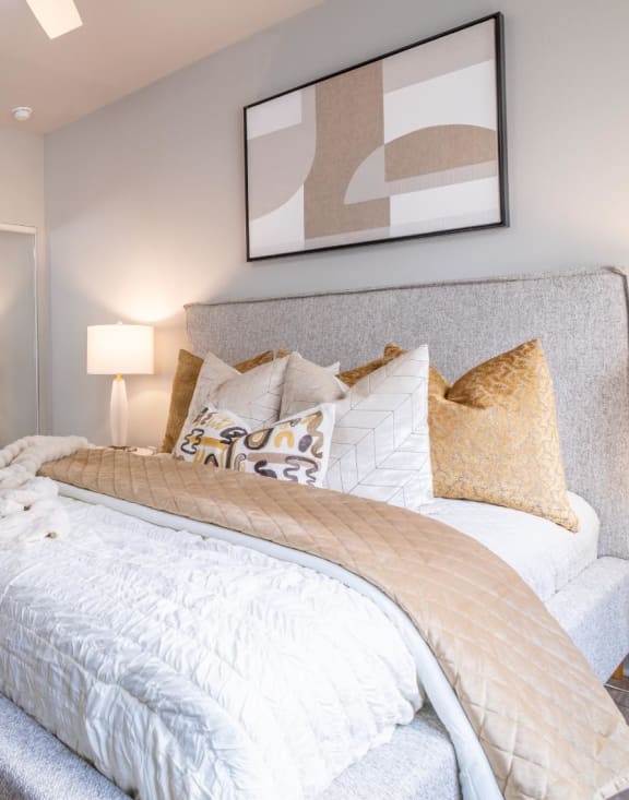 a bedroom with a large bed and a closet