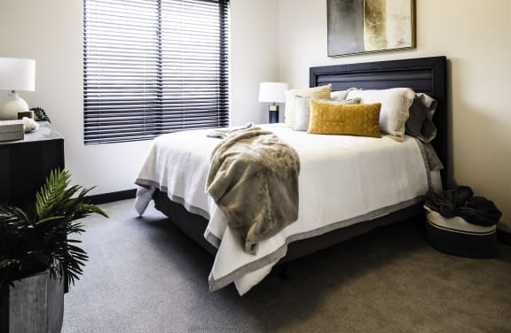 a bedroom with a large bed and a window