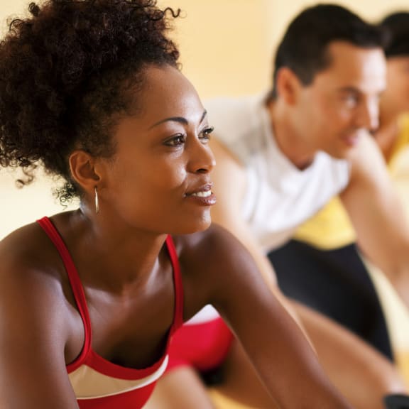 People working out on stationary bikes at Arterra, Washington, 98030