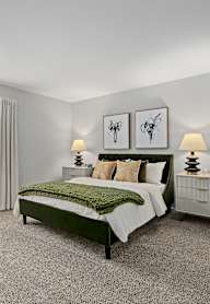 a living room with white furniture and a large window at Versailles on the Lakes Oakbrook*, Oakbrook Terrace, 60181