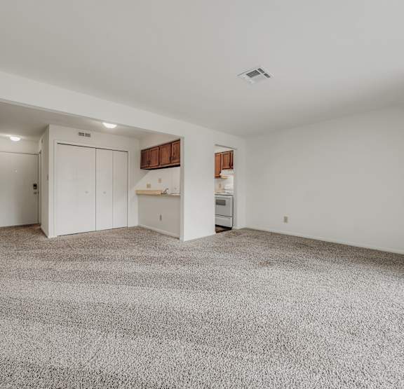 A spacious room with a grey carpet and white walls at Waterfront Apartments