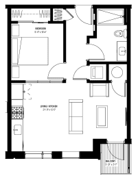 1 bed 1 bath floor plan D at Glassworks, Philadelphia, PA, 19122