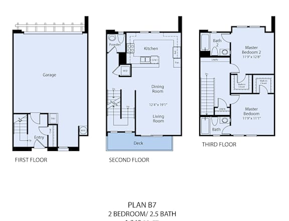 A floor plan for a home with three bedrooms and a garage.