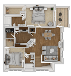 2 Bed, 2 Bath  Floorplan at The Retreat Apartment Homes in Williston, ND