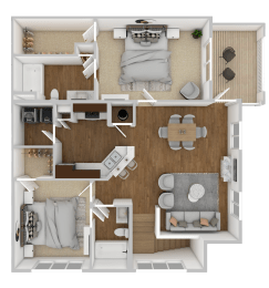 2 Bed, 2 Bath  Floorplan at The Retreat Apartment Homes in Williston, ND