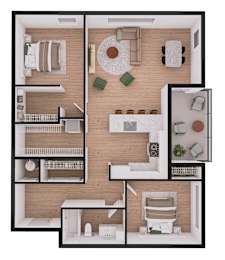 A floor plan of a house with a kitchen, living room, dining room, and bedrooms.
