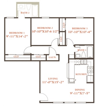 Elm floor plan, 3 bedrooms 1 bath, 968 sqaure feet at Britain Way Apartments