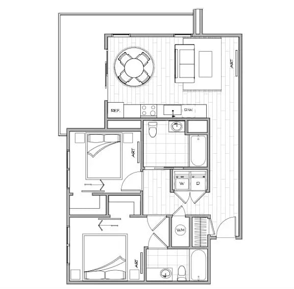 A floor plan of a house with a kitchen, living room, and two bedrooms.