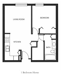 A black and white drawing of a 1 Bedroom Home.