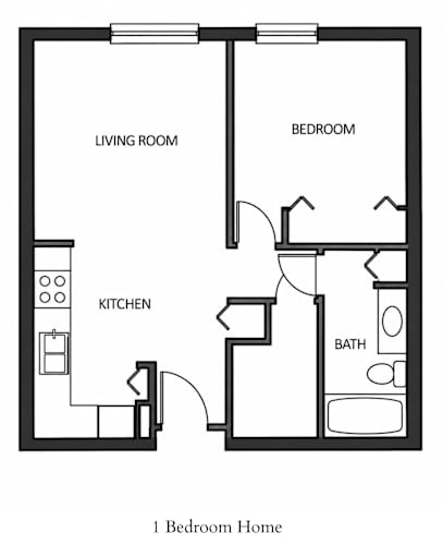 Floor Plan  A black and white drawing of a 1 Bedroom Home.