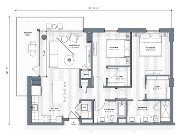 A floor plan of a house with a kitchen, living room, and two bedrooms.