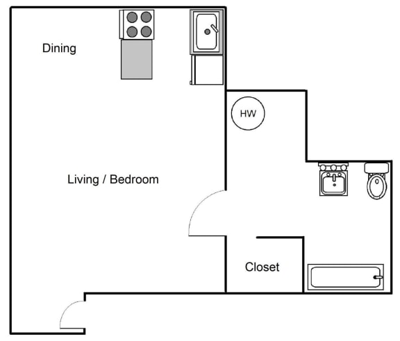 a floor plan of small studio at greenbriar village apartments in portland oregon