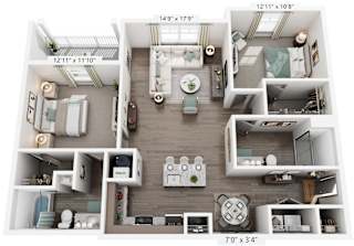 2 Bed 2 Bath Floor Plan | 1,232 Sq. Ft. at Village at Westland Cove Apartments, Knoxville, Tennessee, 37922