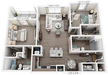 2 Bed 2 Bath Floor Plan | 1,232 Sq. Ft. at Village at Westland Cove Apartments, Knoxville, Tennessee, 37922