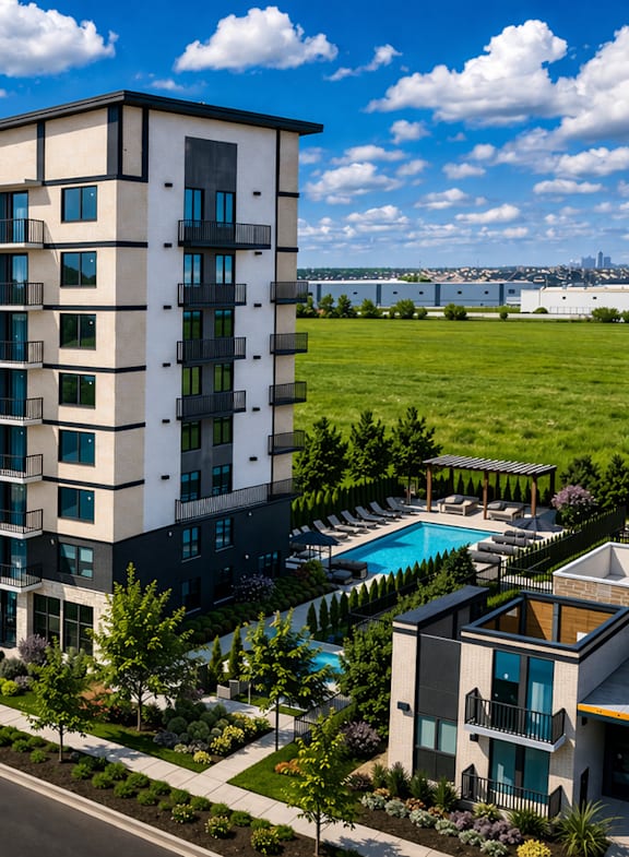 A modern apartment building with a pool and a road in front.