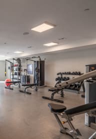 a gym with treadmills and other exercise equipment and windows