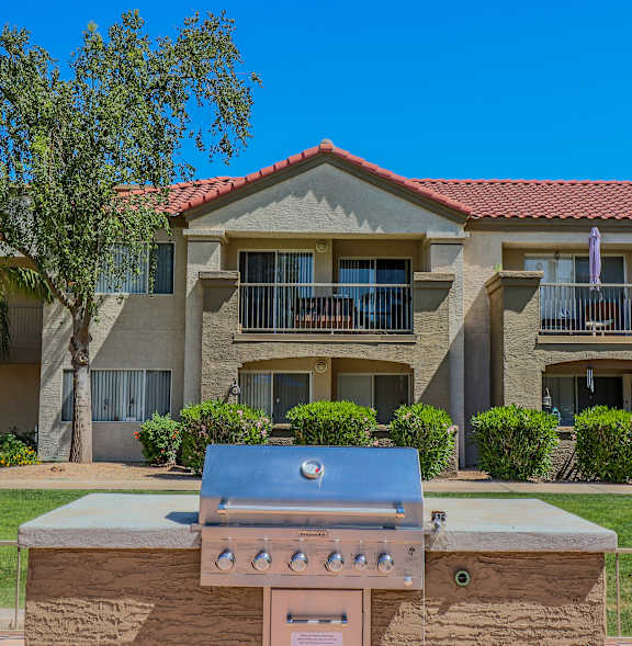 A BBQ grill is in the foreground of a residential area with palm trees.