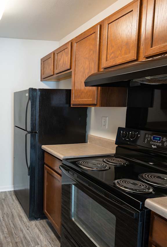 A kitchen with black appliances and wooden cabinets.