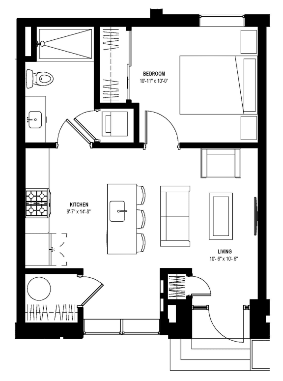 1 bed 1 bath floor plan at Glassworks, Philadelphia, Pennsylvania