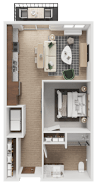 A floor plan of a small apartment with a kitchen, living room, and bathroom.
