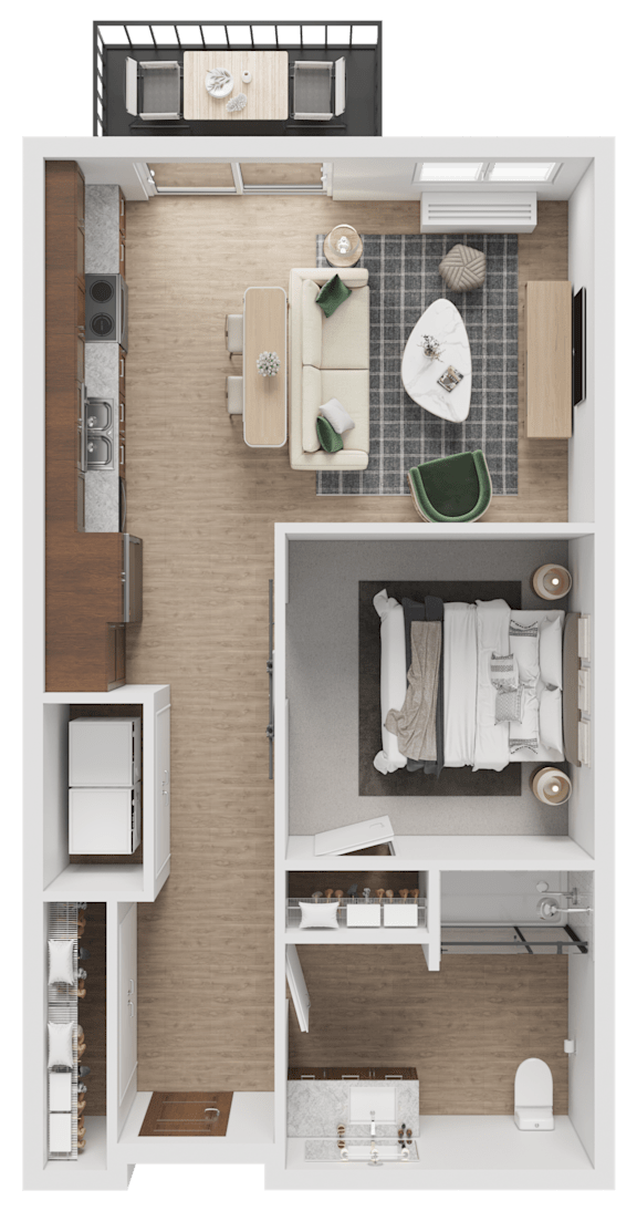 A floor plan of a small apartment with a kitchen, living room, and bathroom.