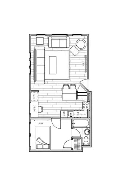 floor plan of the apartment with bedroom and kitchen on the second floor