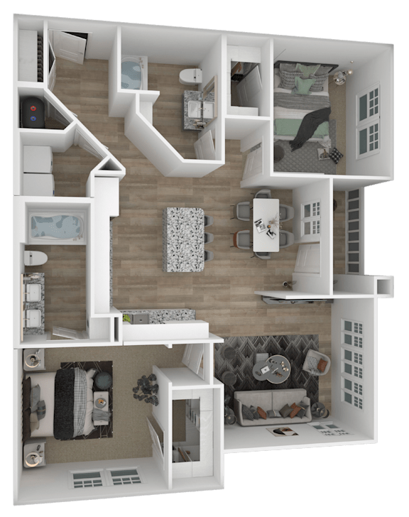 A 3D floor plan of a house with multiple rooms and furniture.