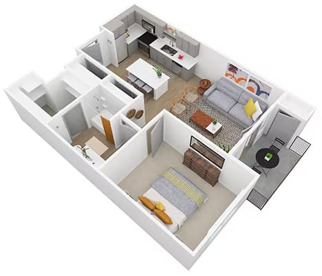 Floor Plan  A white and wood kitchen with a large island and a sink.