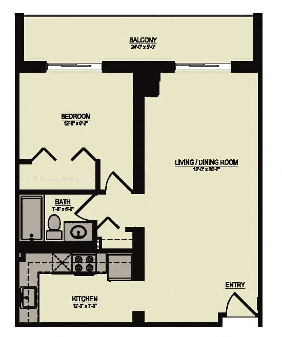 A floor plan of a one bedroom apartment with a living/dining room.