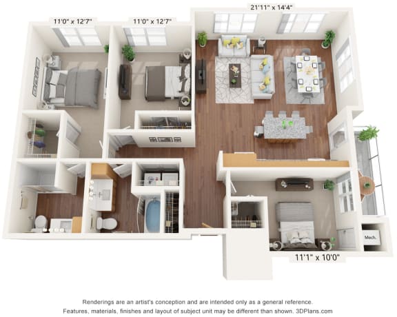 Brighton Oaks_3 Bedroom Floor Plan_3D