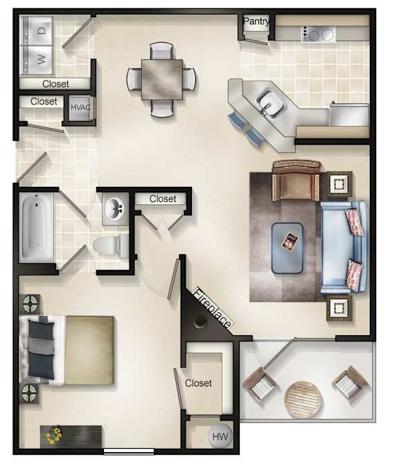 The Highbury (1 Bed / 1 Bath / Sunroom or Patio) Floor Plan at Brittany Commons Apartments, Spotsylvania, VA