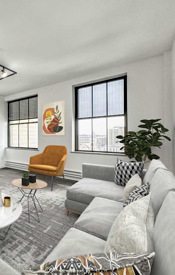 Specious Living room with kitchen at The Des Moines Building Apartments, Iowa