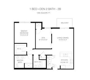 A floor plan of a one bedroom apartment with den and two bathrooms.