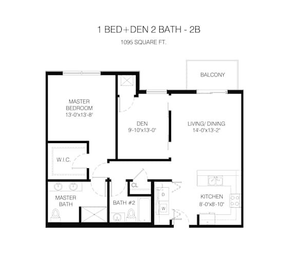 A floor plan of a one bedroom apartment with den and two bathrooms.