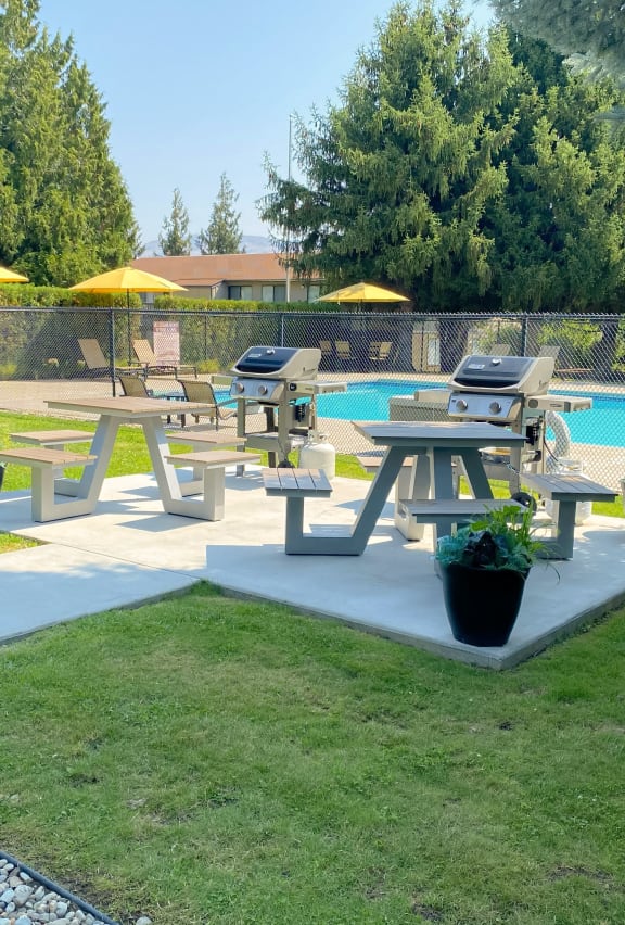 outdoor cement picnic tables in front of the blue swimming pool