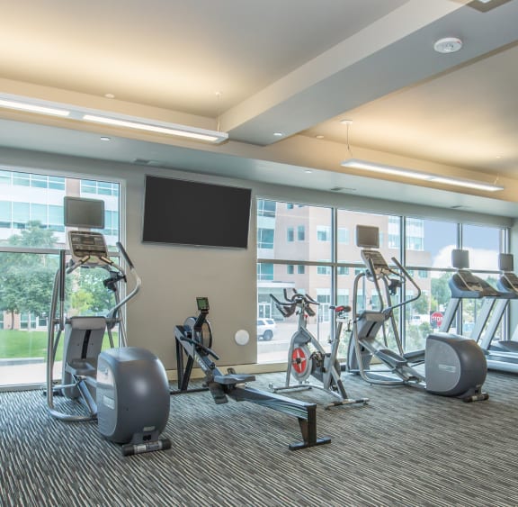 a gym with weights and cardio equipment on the floor and large windows