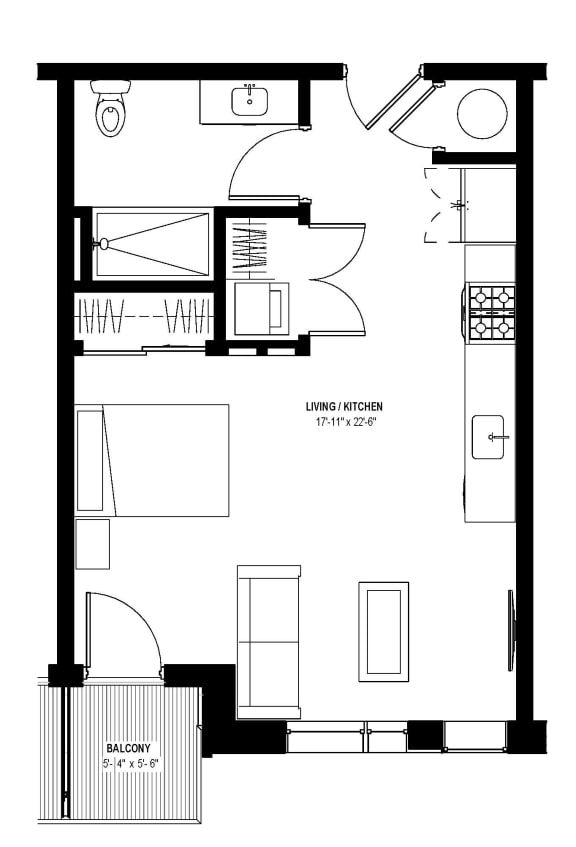 Studio 1 bath floor plan F at Glassworks, Philadelphia, PA, 19122